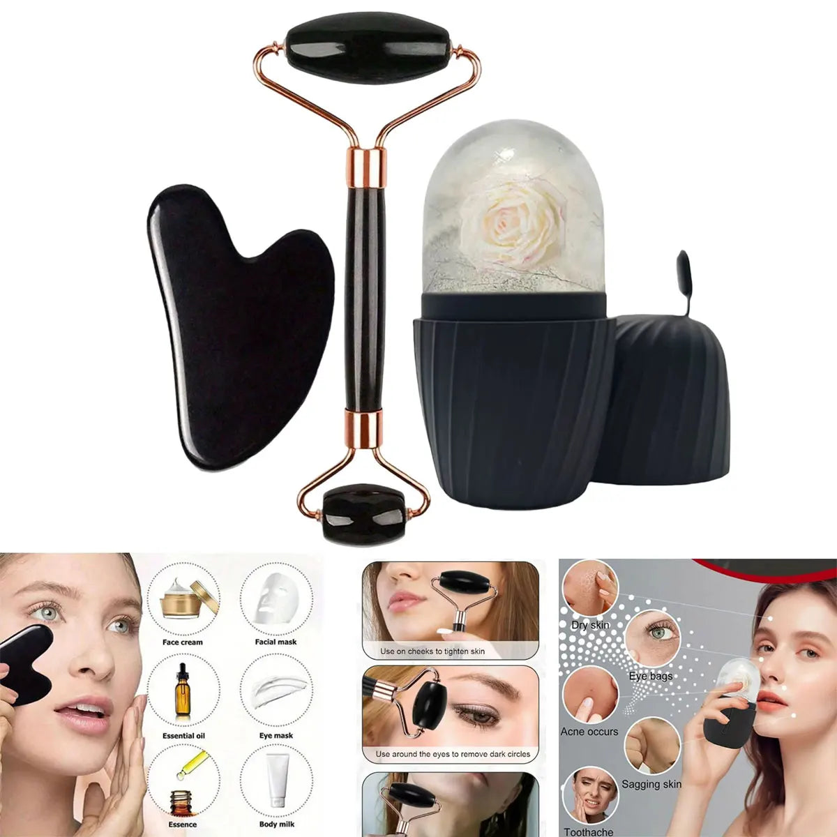 Ice Face Roller Set 1/2/3Pcs Facial Roller Gua Sha Mold Cube Face Massage Lifting Contouring Skin Care Tool